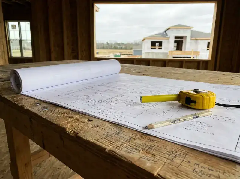 Bouwplan op een werktafel met een rolmeter en een potlood, oppervlakten aangeduid